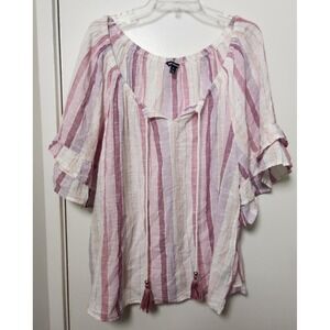 Unique Spectrum White Pink Striped Key Hole Tie Neck Ruffle Sleeve Top 2X Cotton